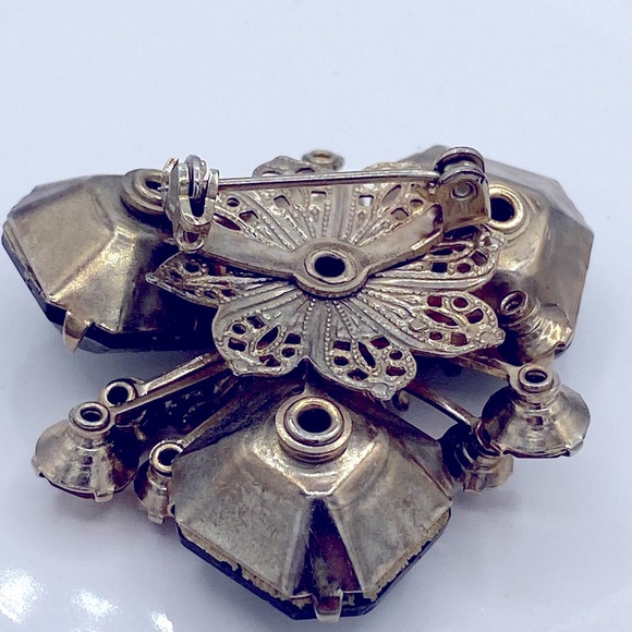 Vintage Unique Design Gold Tone With Smokey Green And Brown Rhinestone Brooch - Picture 4 of 6